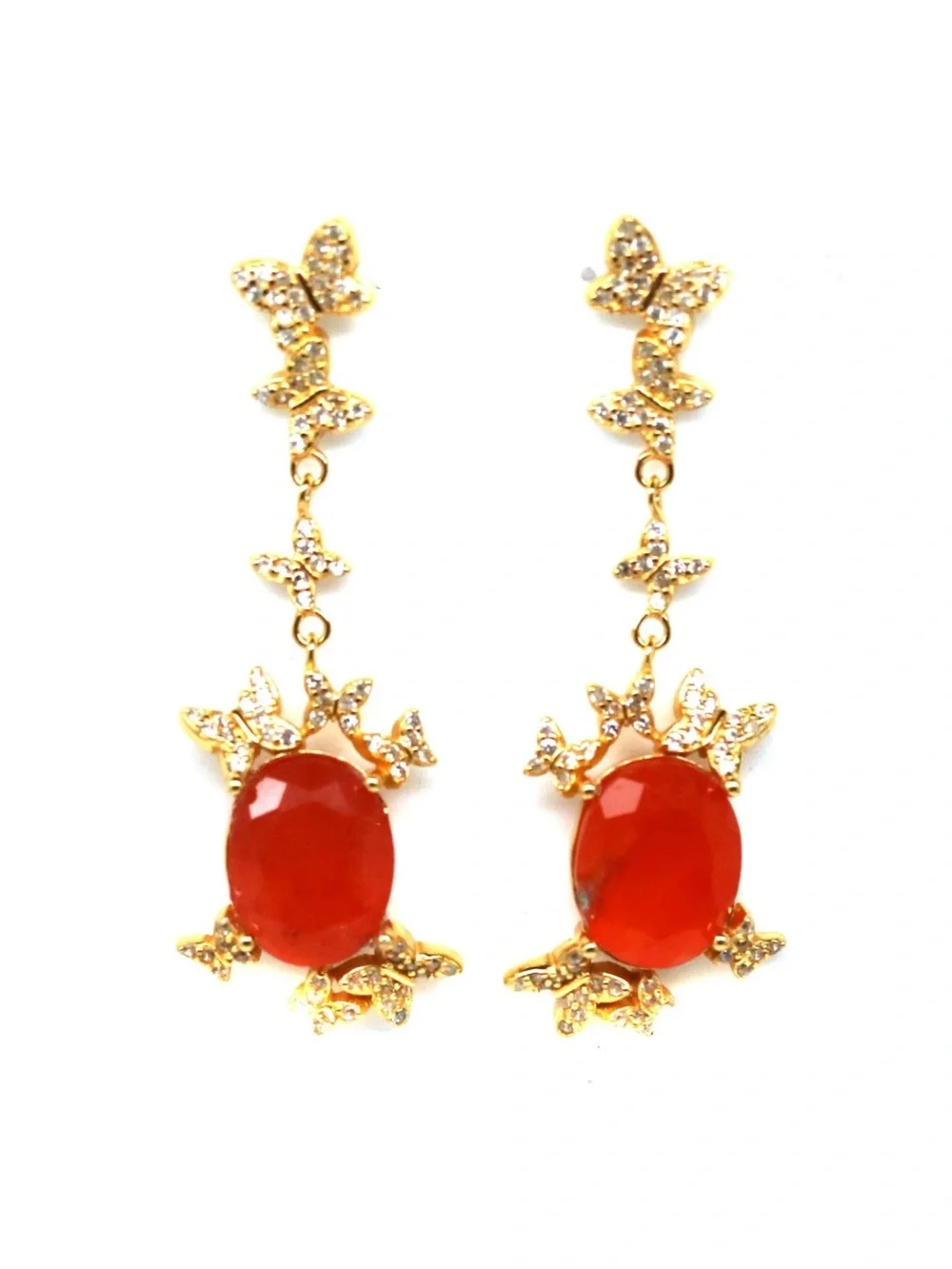 Natural Carnelian 3CT w/ Zircon in 18K Yellow Gold butterfly Dangle Earrings